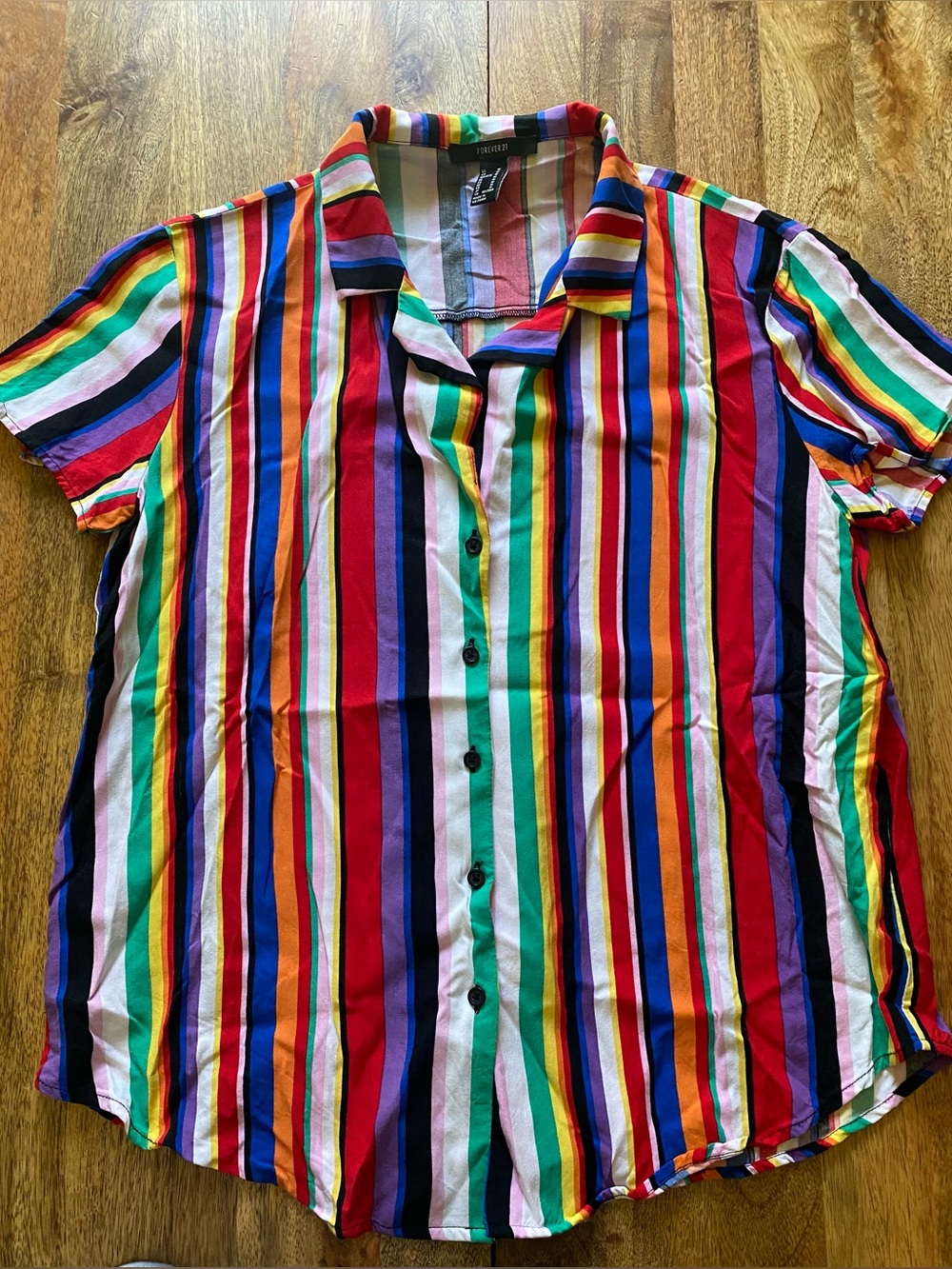 Forever 21 Rainbow Multi-Stripe Short Sleeve Button-Down Shirt